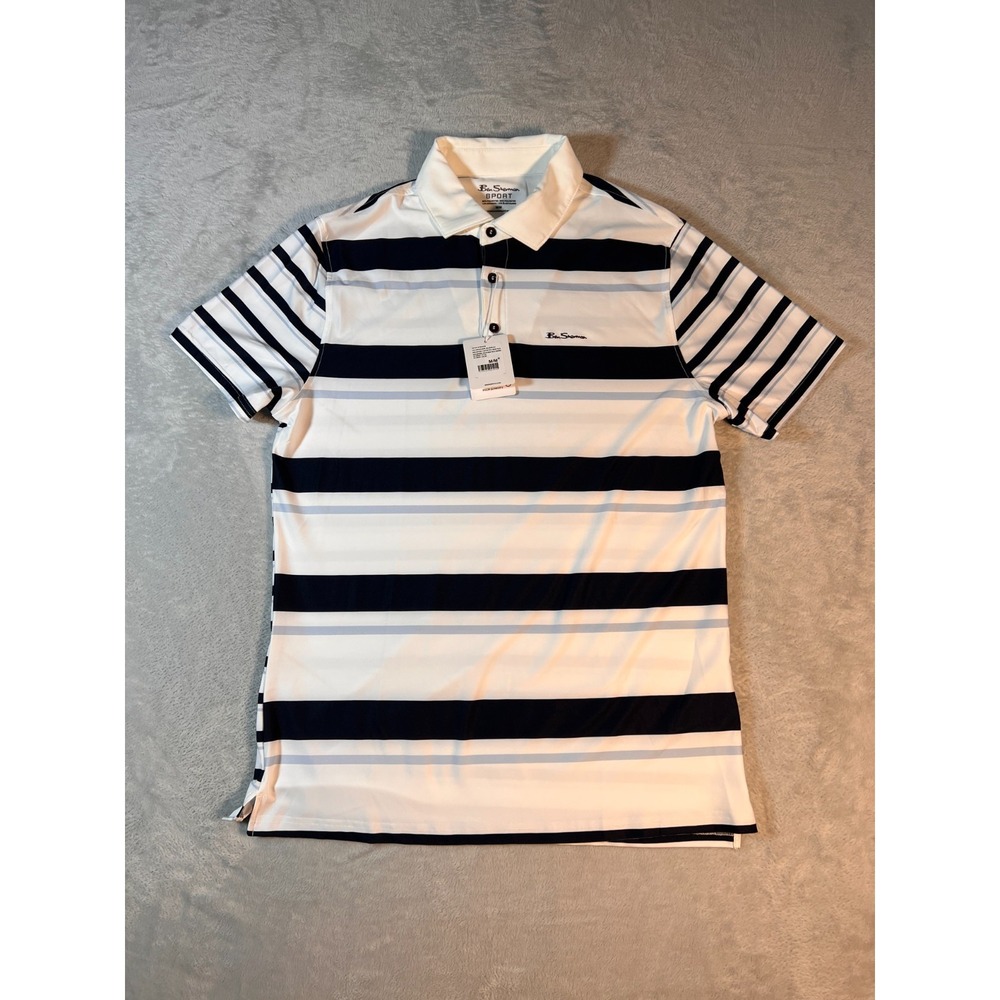 Ben Sherman Striped‎ White Blue 3 Button Tech Jersey Golf Sport Men's M